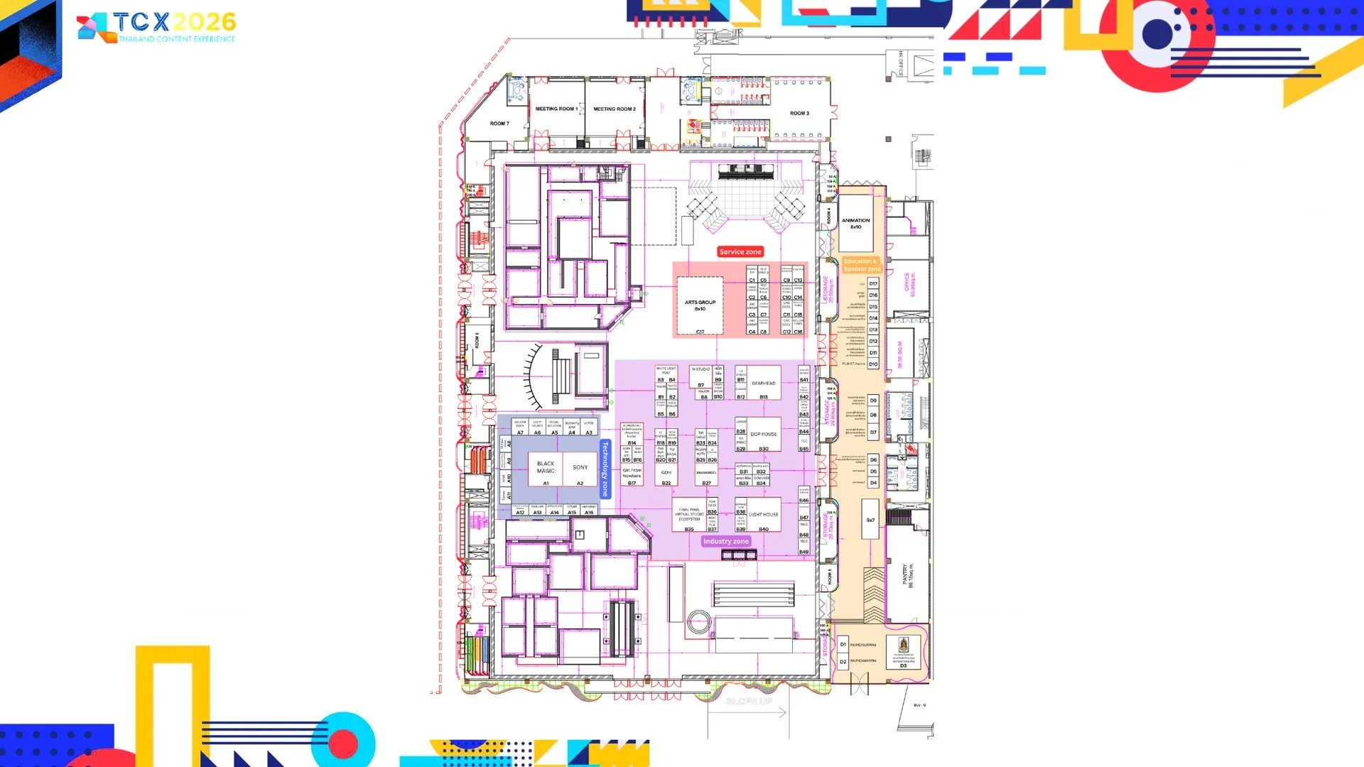 TCX 2026 master plan showing attractions, stage and exhibition areas.