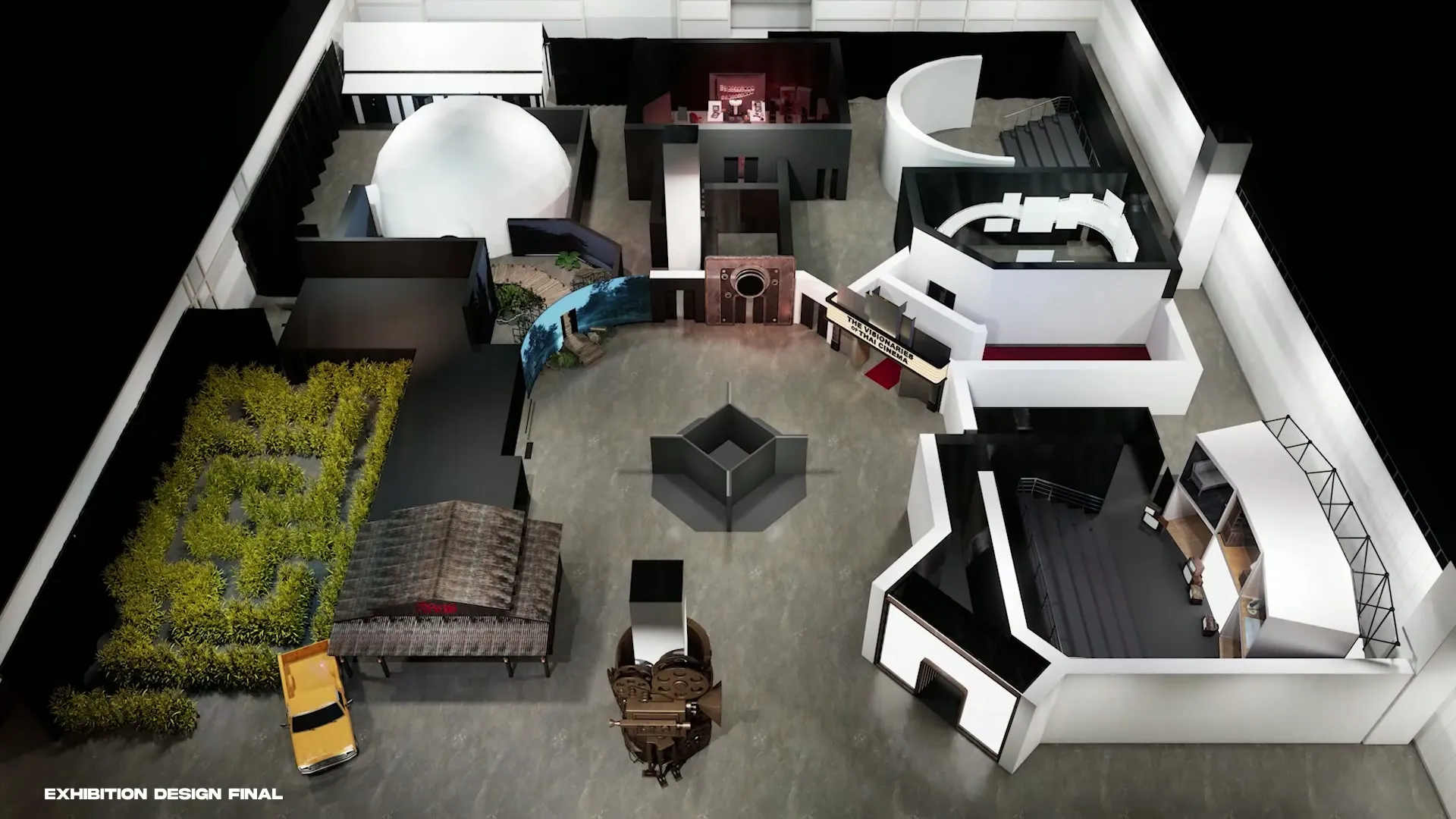 Overview previsualization of the TCX 2025 exhibition with enclosed rooms, curved screens and a cornfield.