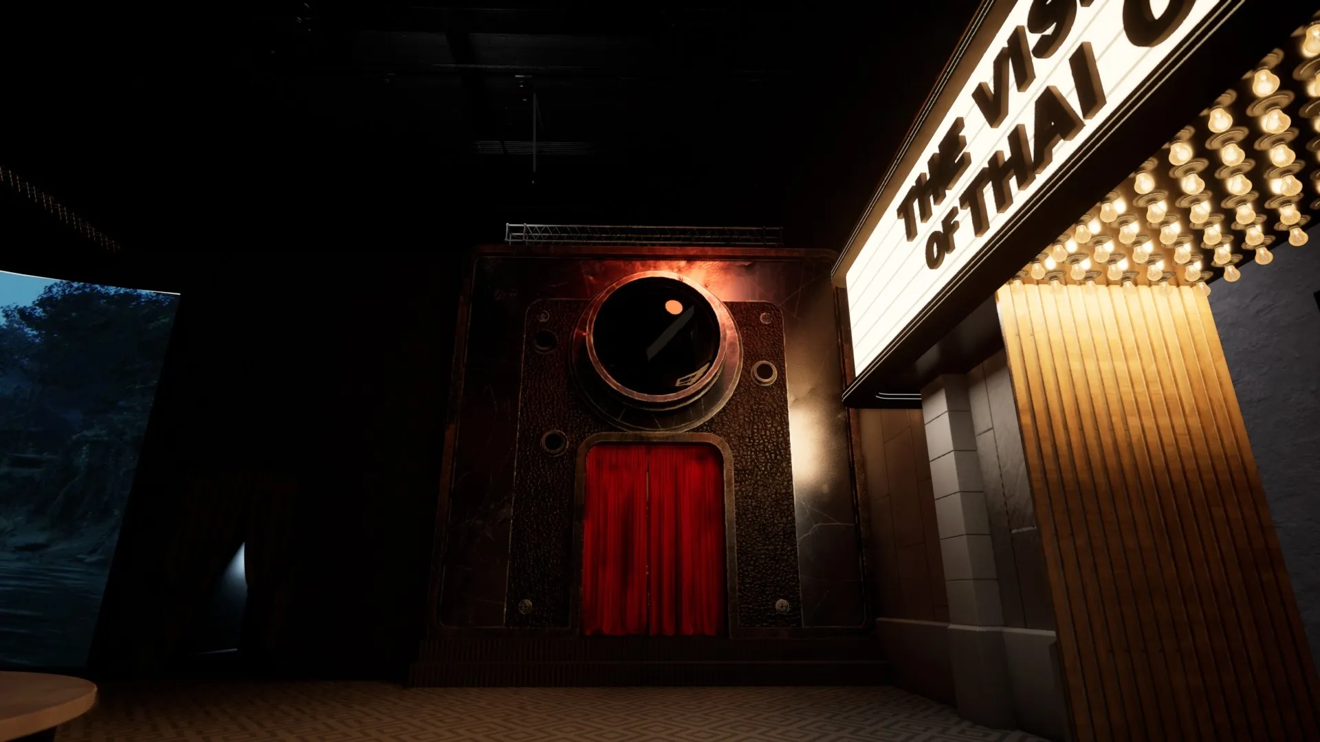 TCX 2025 Shutter attraction entrance previsualization with an oversized camera and red curtain.