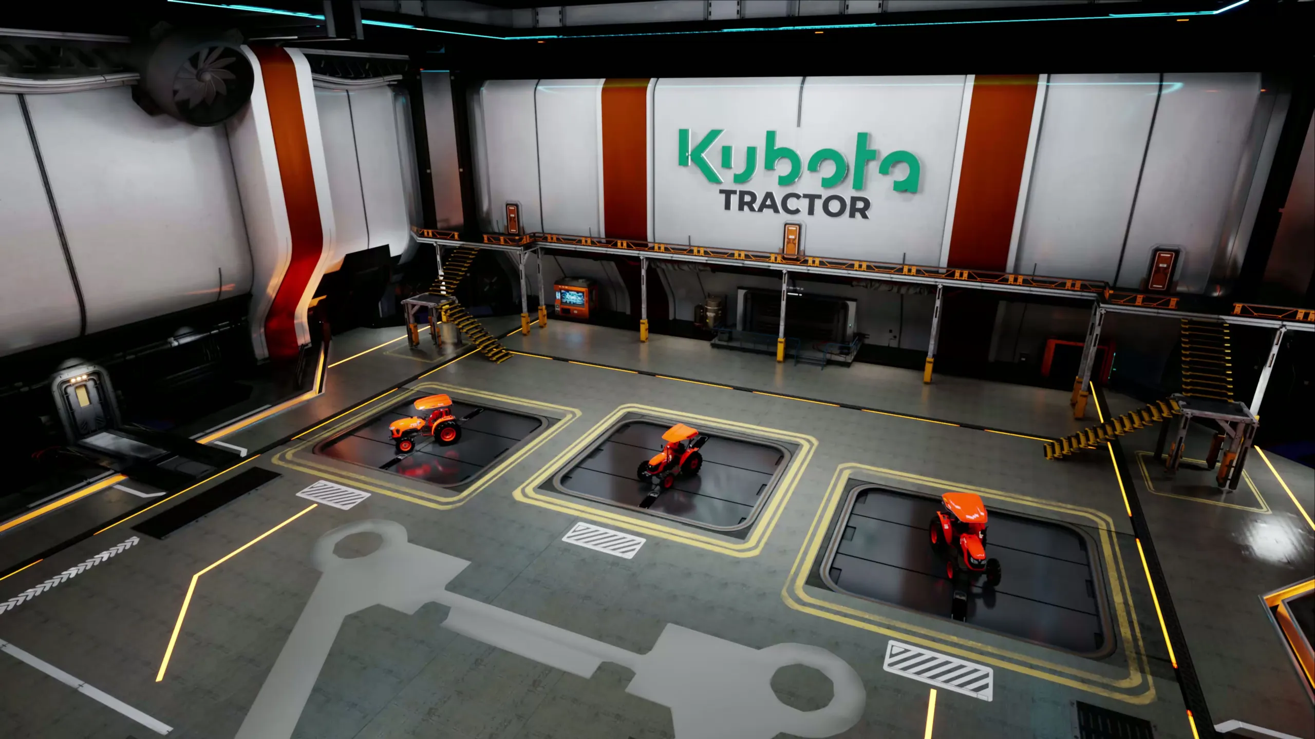 Kubota tractor hall rendered scene with three orange tractors, industrial walkways and Kubota branding.