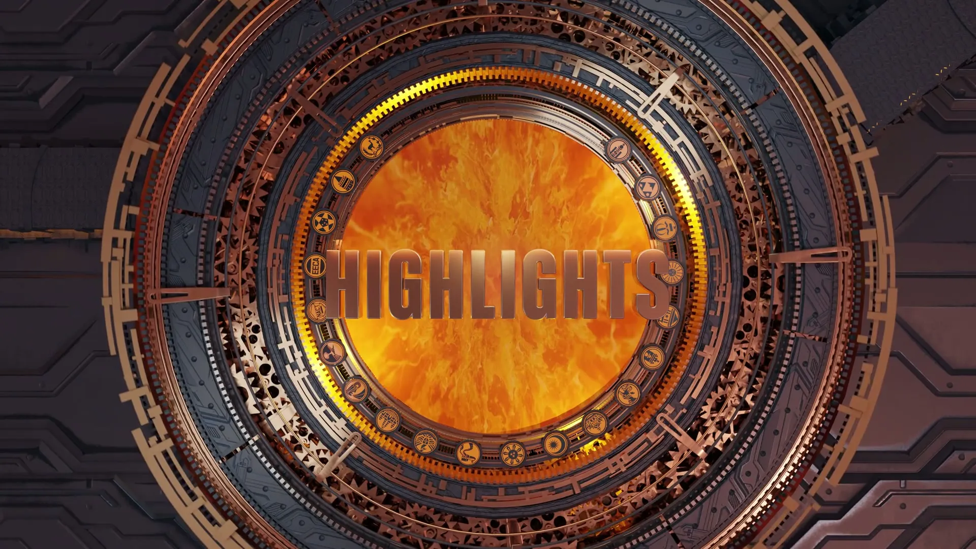 Orange HIGHLIGHTS title surrounded by rotating mechanical rings in the M6 2024 transition.