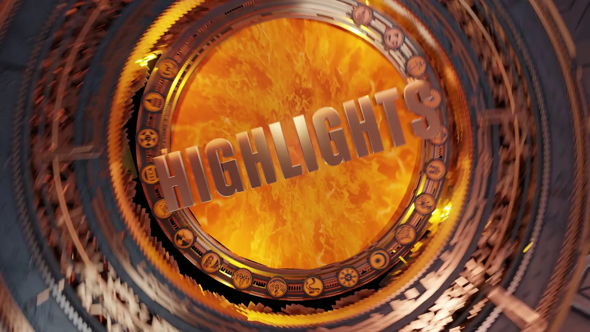 Close angled view of the orange HIGHLIGHTS title and layered mechanical rings in the M6 transition.
