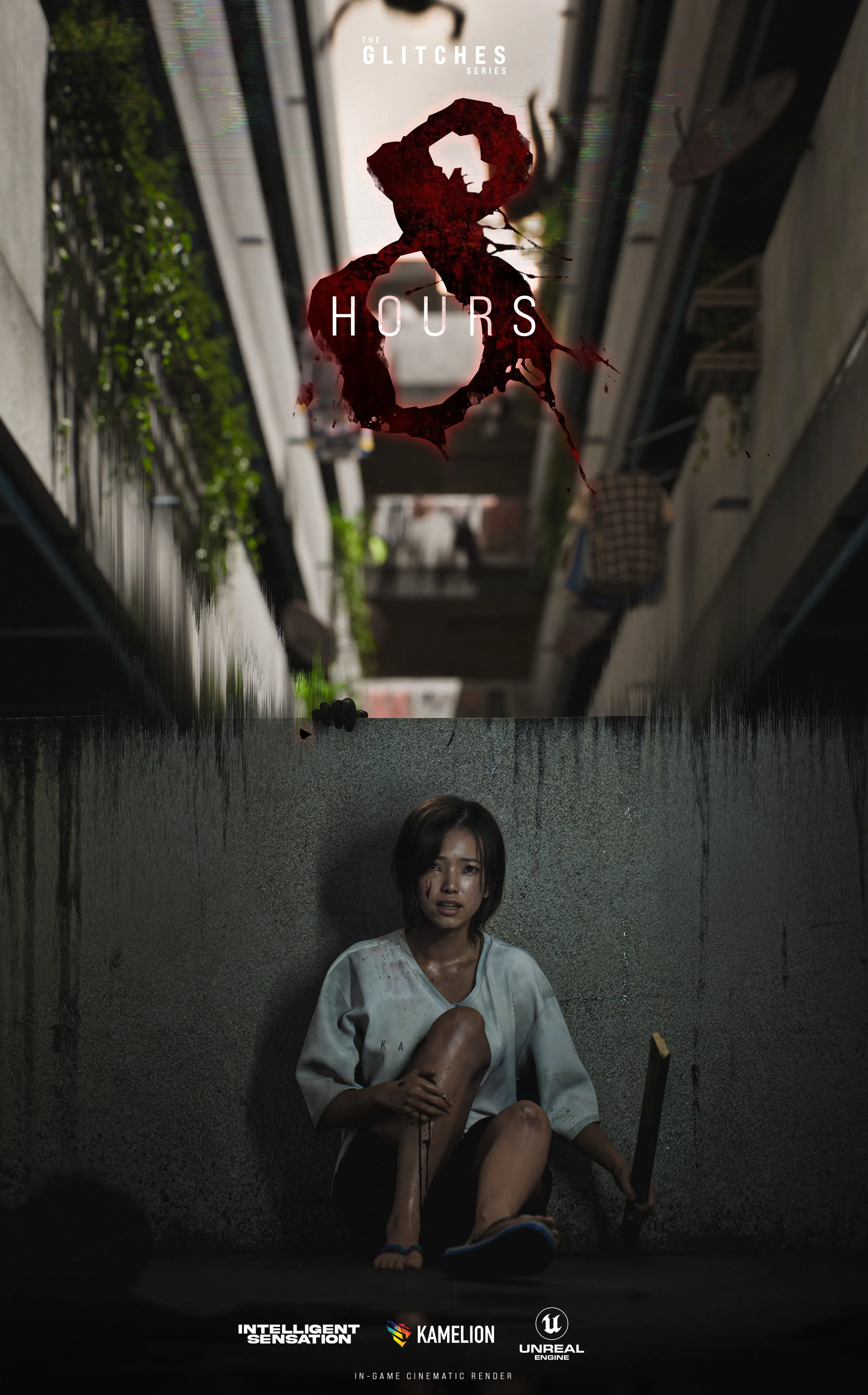 Poster for 8 Hours: a woman crouched against a concrete wall below a narrow alley, with KAMELION and Unreal Engine logos