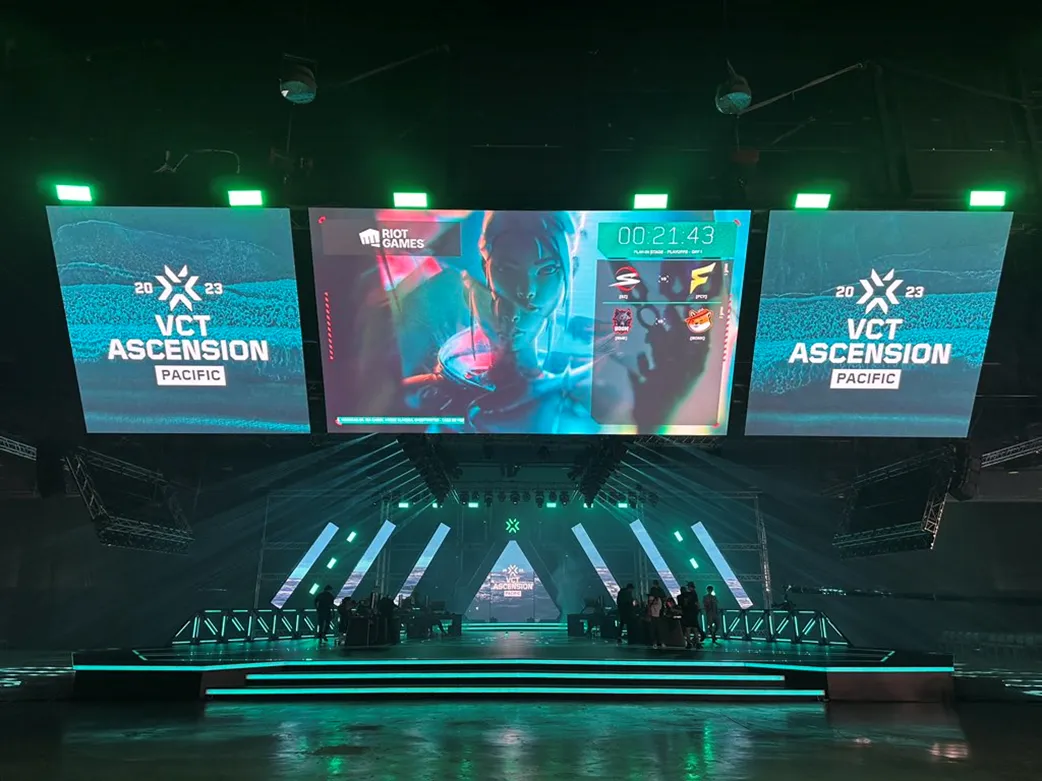 VCT Ascension Pacific 2023 arena stage with LED screens showing a live match feed in Bangkok