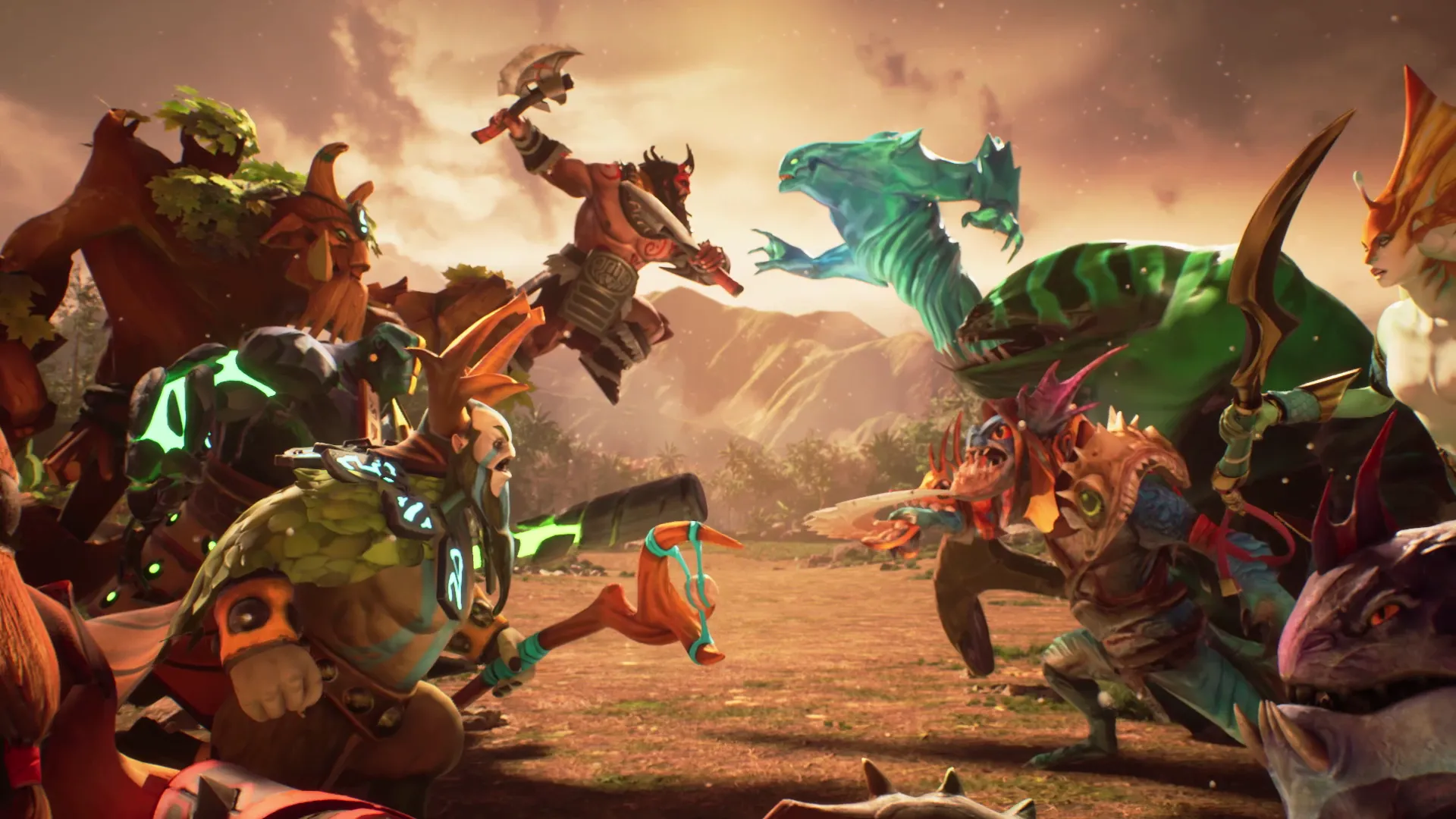 CG animation still of Dota 2 heroes charging across a dusty battlefield