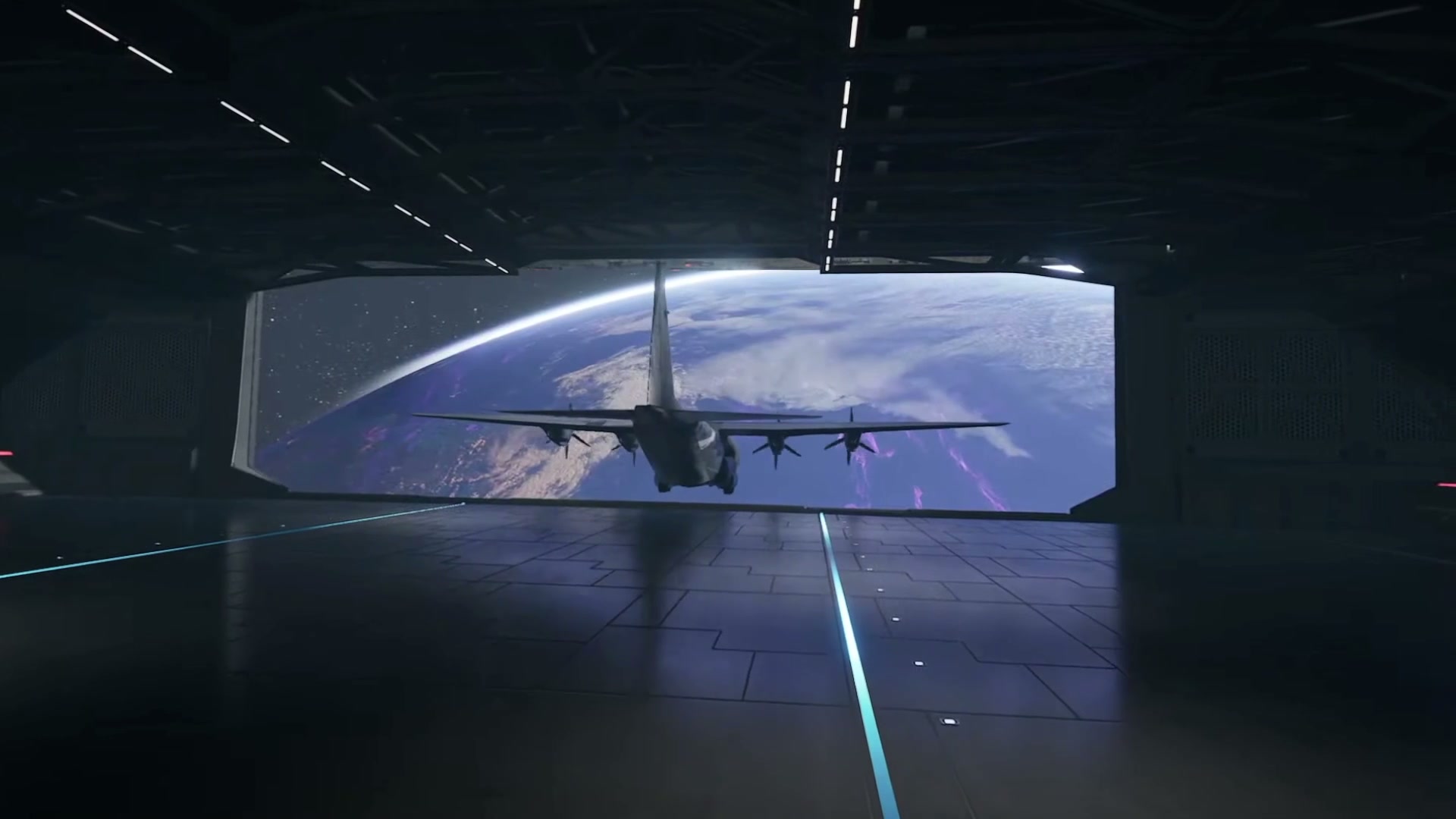 Free Fire MCP Major Season 3 aircraft silhouetted against a planet through the hangar opening.