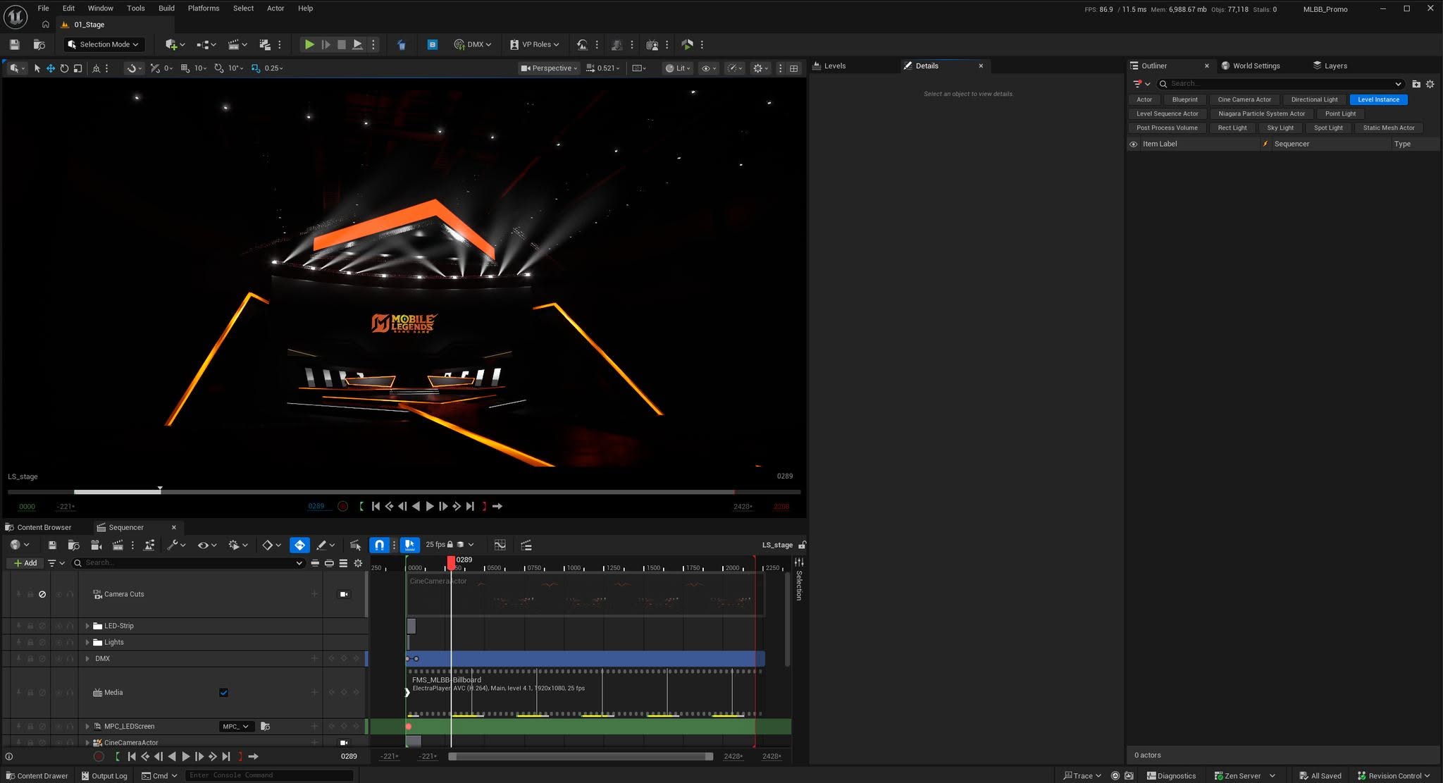 MLBB-branded stage environment displayed inside Unreal Engine.