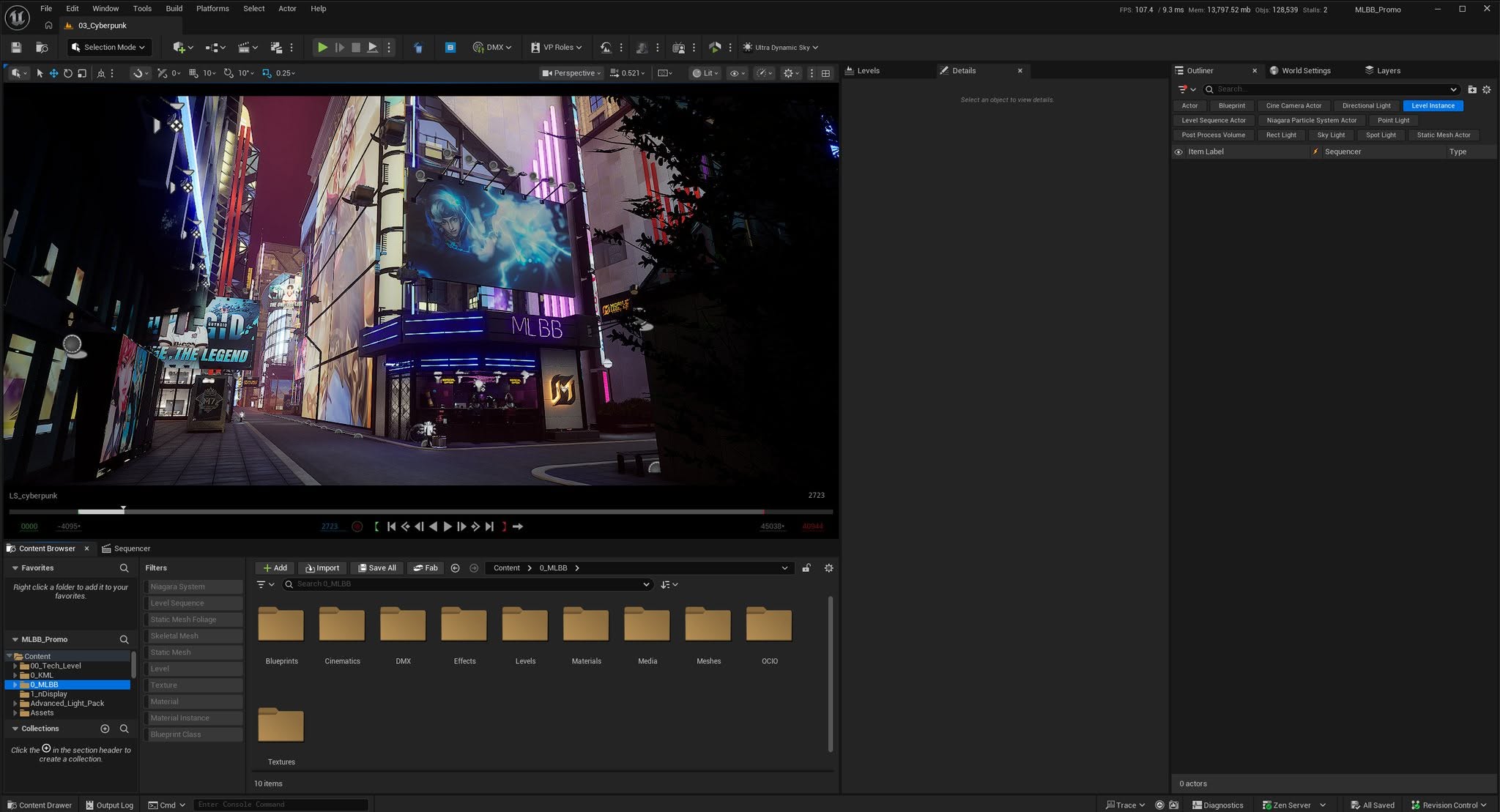 Neon city buildings, signs and MLBB screens in the Unreal Engine environment.