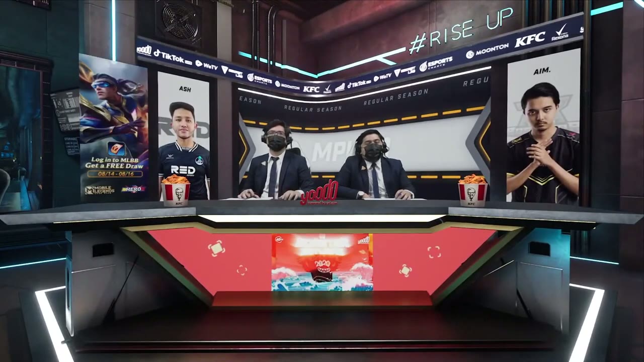 MPL Malaysia Season 8 broadcast desk with player portraits and tournament graphics.
