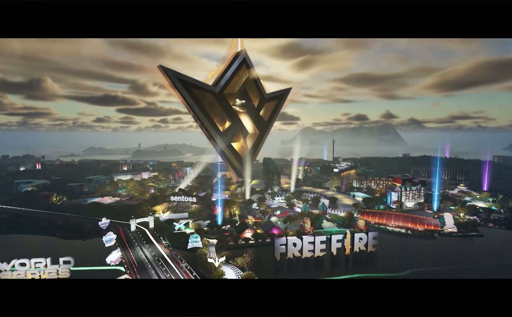 Complete FFWS Sentosa trophy above the island city in the finished AR sequence