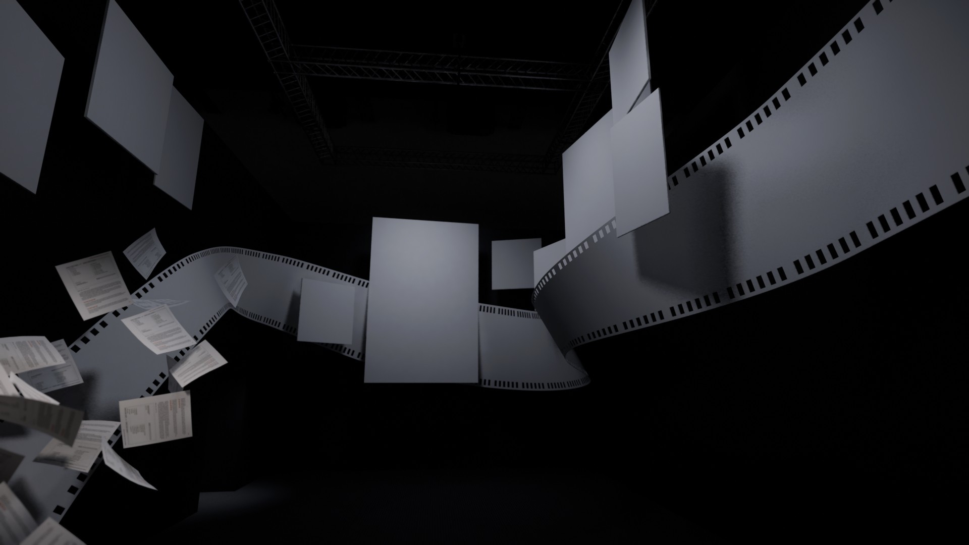 TCX 2025 previsualization of suspended screens arranged around the visitor space.